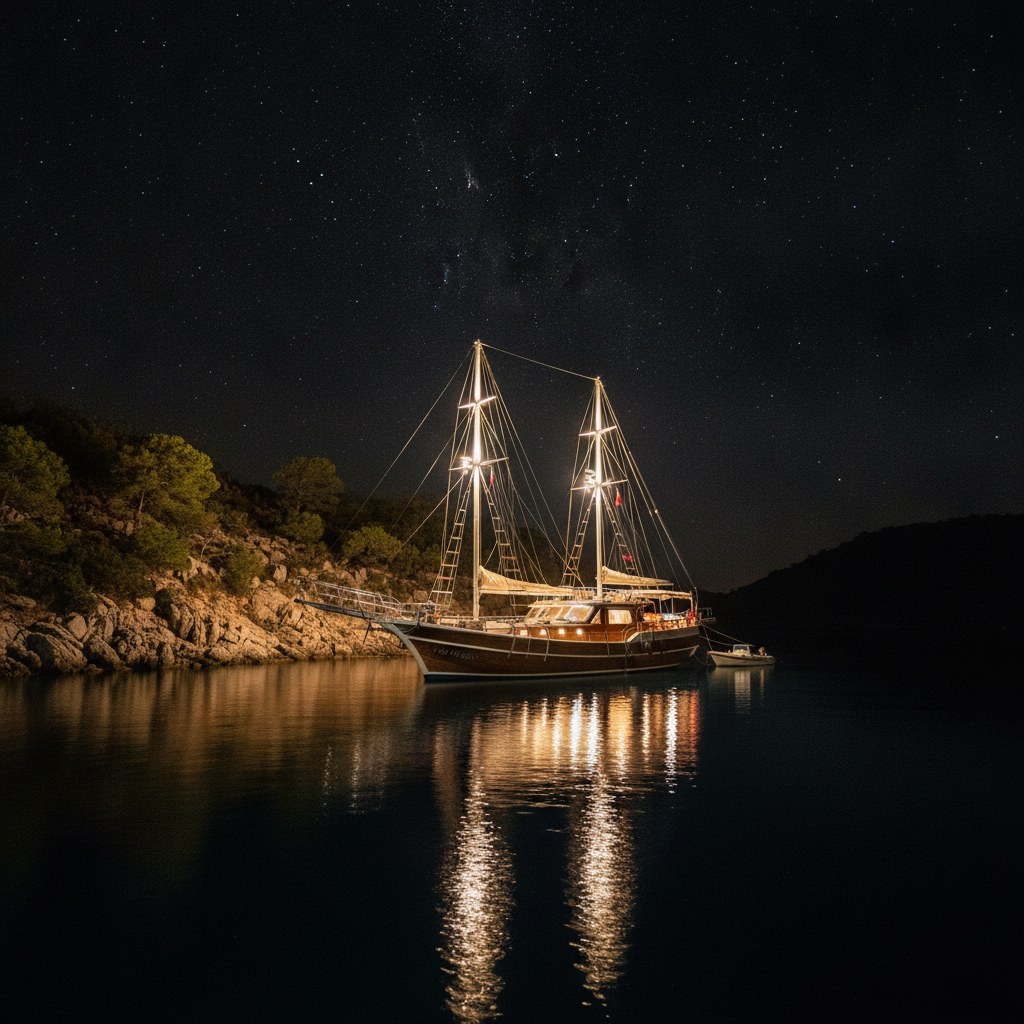 Gece koyunda demirlemiş tekne